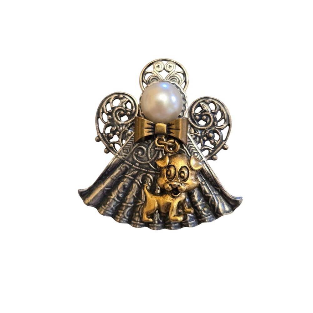 Angel Dog Brooch Pin  Filigree  Faux Pearl Accent Mixed Metal